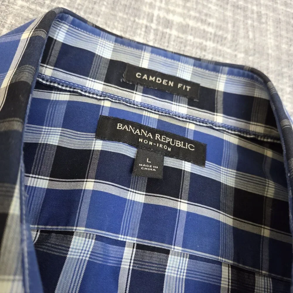 Banana Republic Oxford Shirt Camden Fit Men's L Mid-Wt Blue White Plaid No Iron